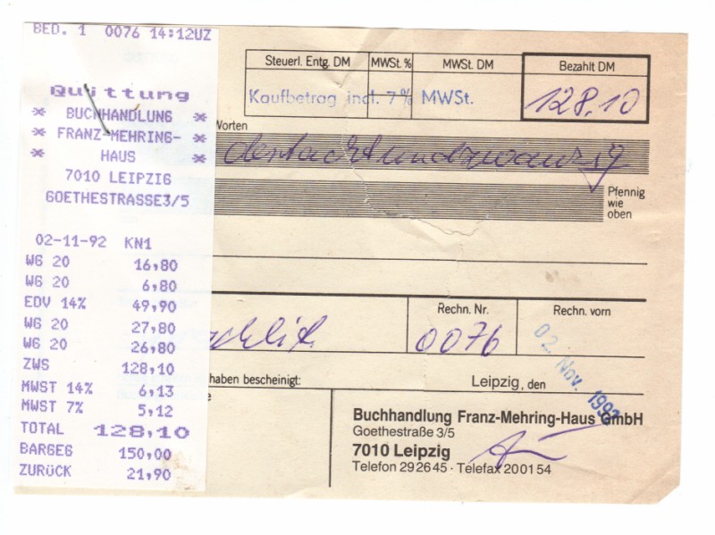 Quittung Buchhandlung Franz Mehring Haus 2.11.1992