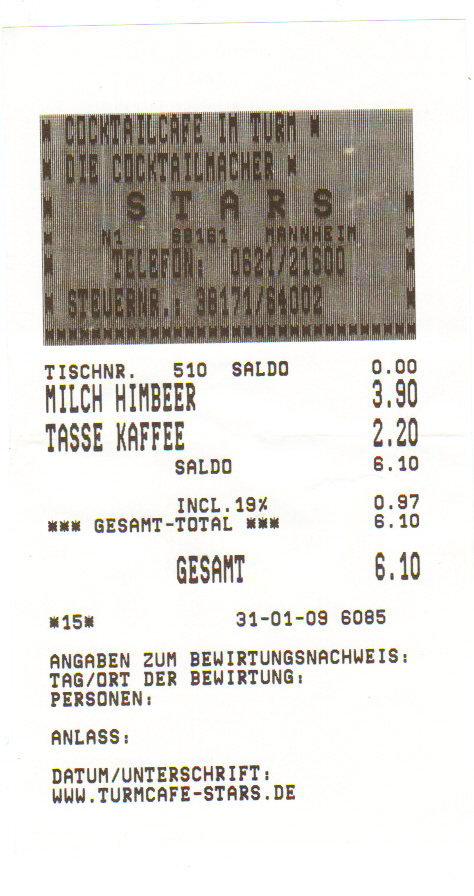 quittung turmcafé mannheim paradeplatz 31.01.2009