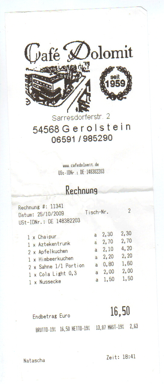 Quittung Café Dolomit Gerolstein 25.10.2009