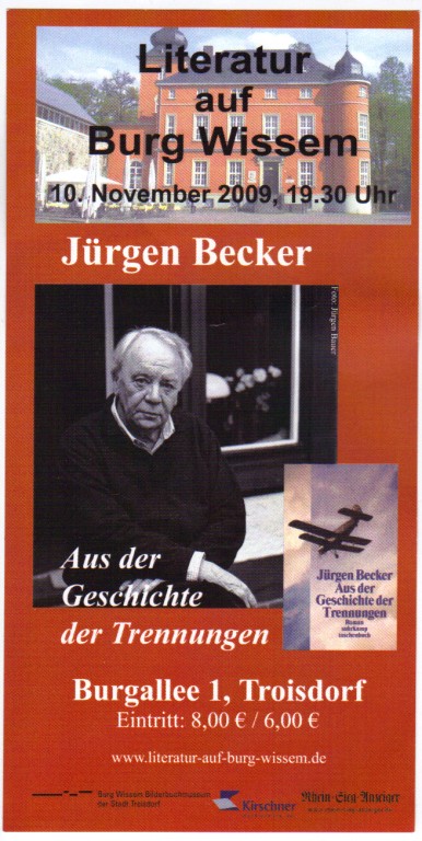 Flyer zur Lesung von Jürgen Becker auf Burg WIssem in Troisdorf am 10.11.2009