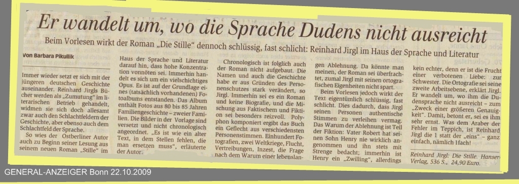 Artikel von Barbara Pikullik zu Reinhard Jirgl in Bonn am 20.10.2009 im Haus der Literatur und Sprache
