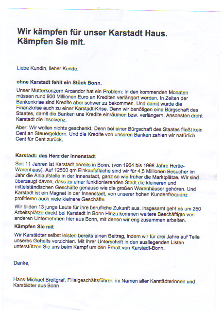 Handzettel vom AKtionstag KARSTADT am 29.5.2009 in Bonn Poststr.