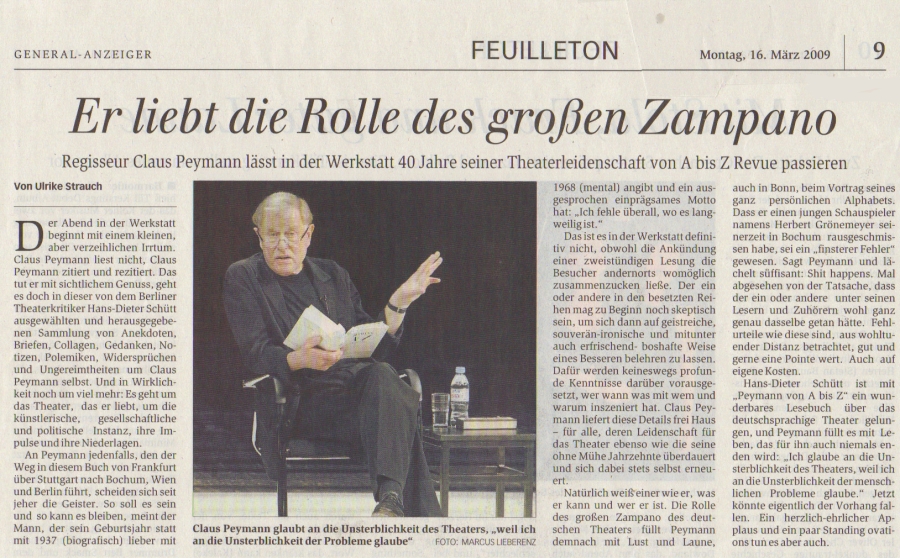 Artikel Ulrike Strauch über Claus Peymann in Bonn am 13.3.2009 in der WERKSTATT