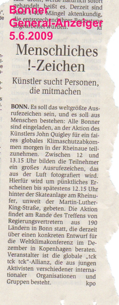 Artikel Bonner General-Anzeiger zur Kunstaktion Menschliches Ausrufezeichen von John QUigley am 6.6.2009 in Bonn Rheinaue